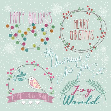 Kışında ayarla, Noel, yeni yıl kutsal kişilerin resmi ve öğeleri doodle