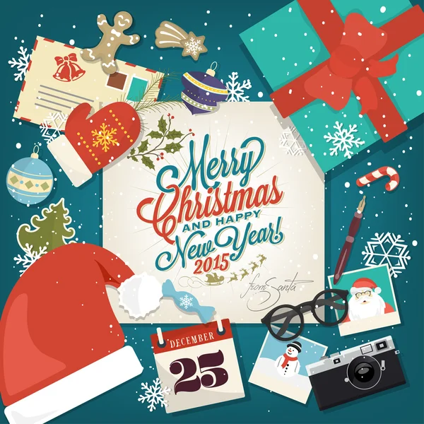 Prettige kerstdagen en gelukkig Nieuwjaar achtergrond met Kerstmis pictogram elementen — Stockfoto