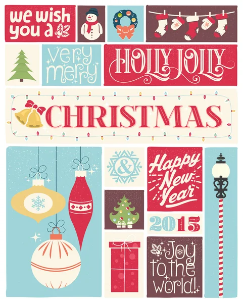 Kleurrijke Vintage Christmas And New Year Typografische Poster met Kerst ornamenten — Stockfoto