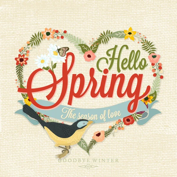 Ahoj jaro typografické pozadí s rukou vykresleno, květin a ptáků — Stock fotografie