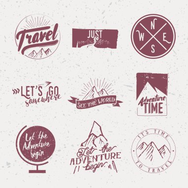 Vintage tipografik seyahat ve macera seti