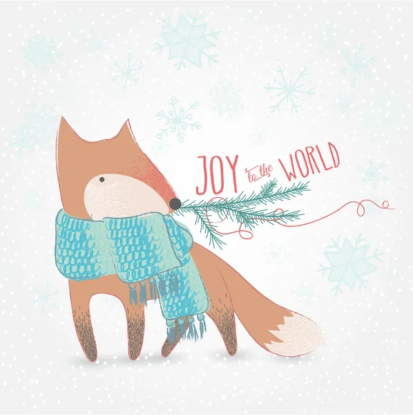 Joy To The World Doodle Christmas Card With Cute Fox — Stock Vector