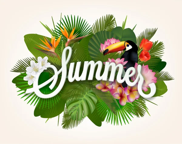 Fondo de verano con plantas tropicales y flores — Vector de stock