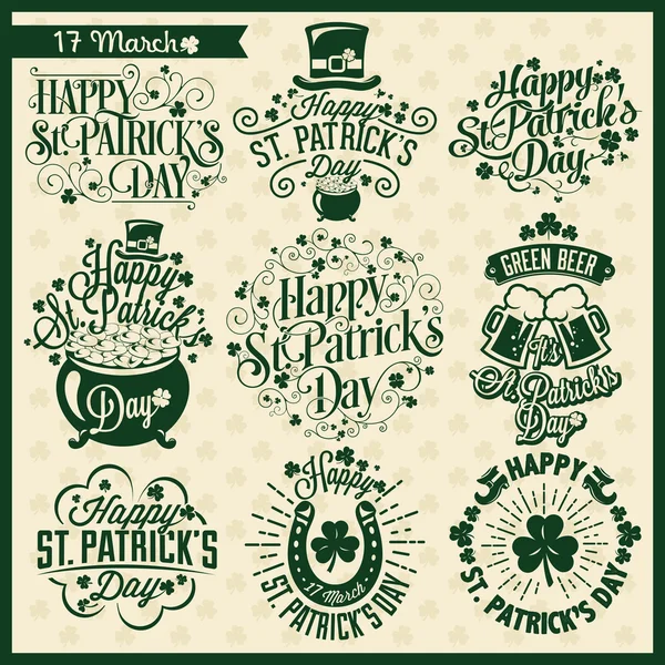 Conjunto de emblemas de design tipográfico para o dia de São Patrício —  Vetores de Stock