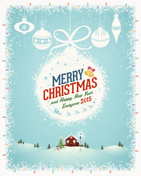 Cartel de Navidad con paisaje de invierno y bolas de Navidad — Vector de stock