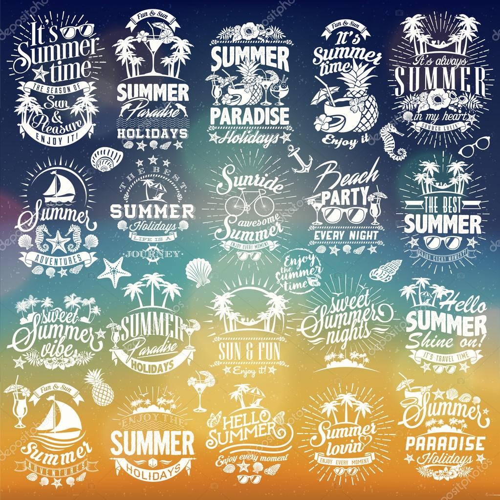 Retro hand drawn elements for Summer calligraphic designs. Vintage ornaments. All for Summer holidays, tropical paradise, sea, sunshine, weekend tour, beach vacation, adventure labels, vector set