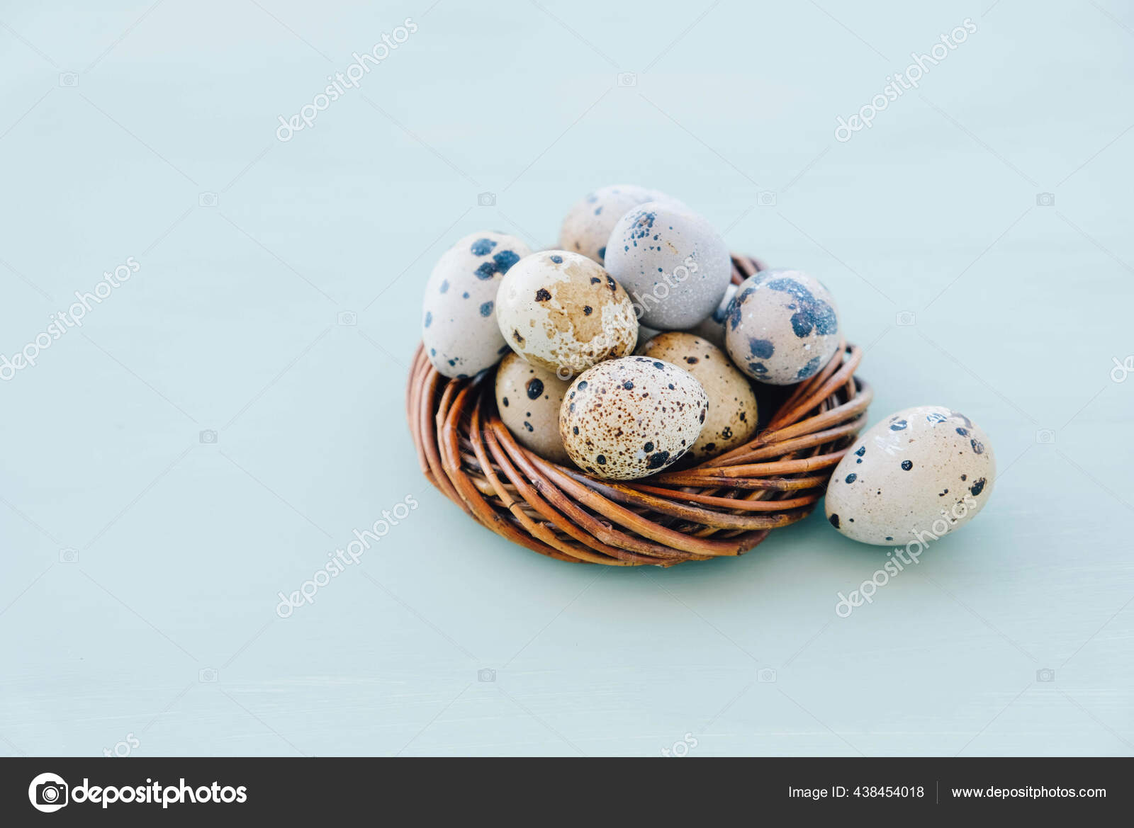 Telur Puyuh Di Sarang Burung Dengan Latar Belakang Biru Muda Stok Foto C Pippilongstocking 438454018