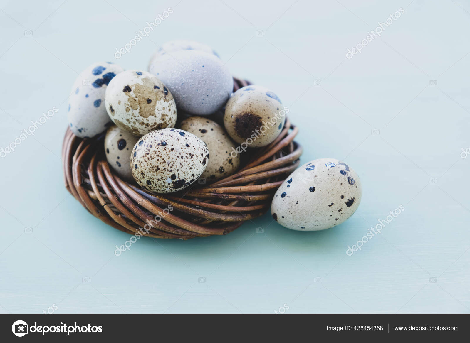 Telur Puyuh Di Sarang Burung Dengan Latar Belakang Biru Muda Stok Foto C Pippilongstocking 438454368