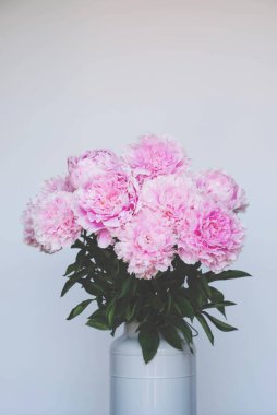 Vazoda açan pembe şakayıklardan oluşan taze bahar buketi. Yaklaş. Yaz çiçekleri.