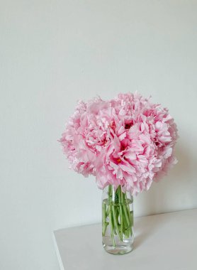 Güzel bir buket pembe şakayık çiçeği vazo içinde beyaz duvar zeminine karşı, yakın plan. Uzayı kopyala Yaz çiçekleriyle dolu sakin bir hayat.