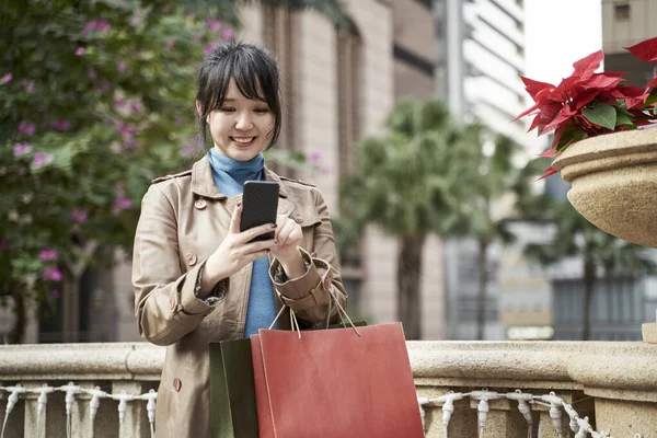 Moda Joven Asiático Mujer Llevar Compras Bolsas Mirando Celular Sonriendo —  Fotos de Stock