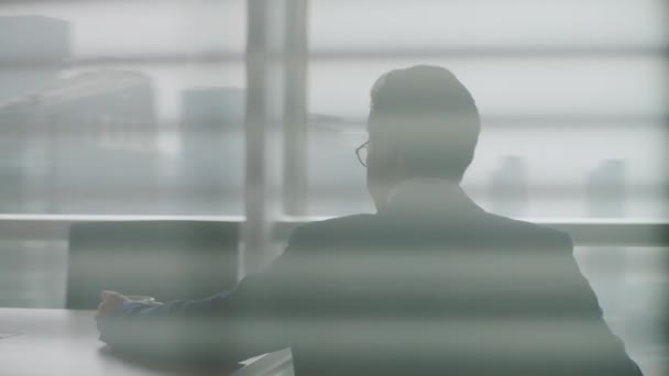 Задний Вид Зрелой Азиатской Бизнес Исполнительной Стоя Кресла Останавливаясь Окна — стоковое видео