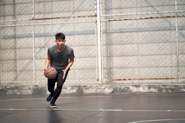 Jovem Asiático Homem Basquete Jogador Tentando Dunk Livre Tribunal — Fotografia de Stock