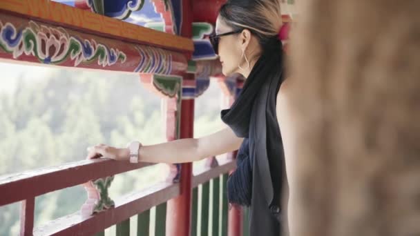 Asian Woman Looking View Interior Tibetan Ancient Building — Stock Video