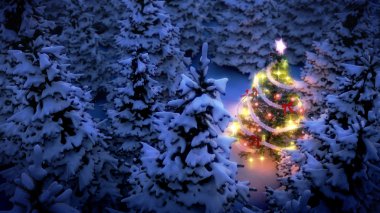 lightened christmas tree in pine woods clipart