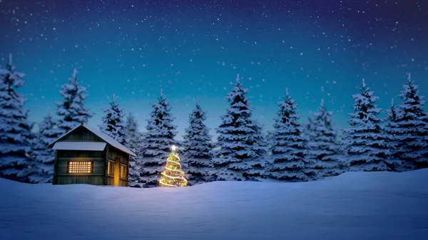 Cabina in legno e albero di Natale — Foto Stock