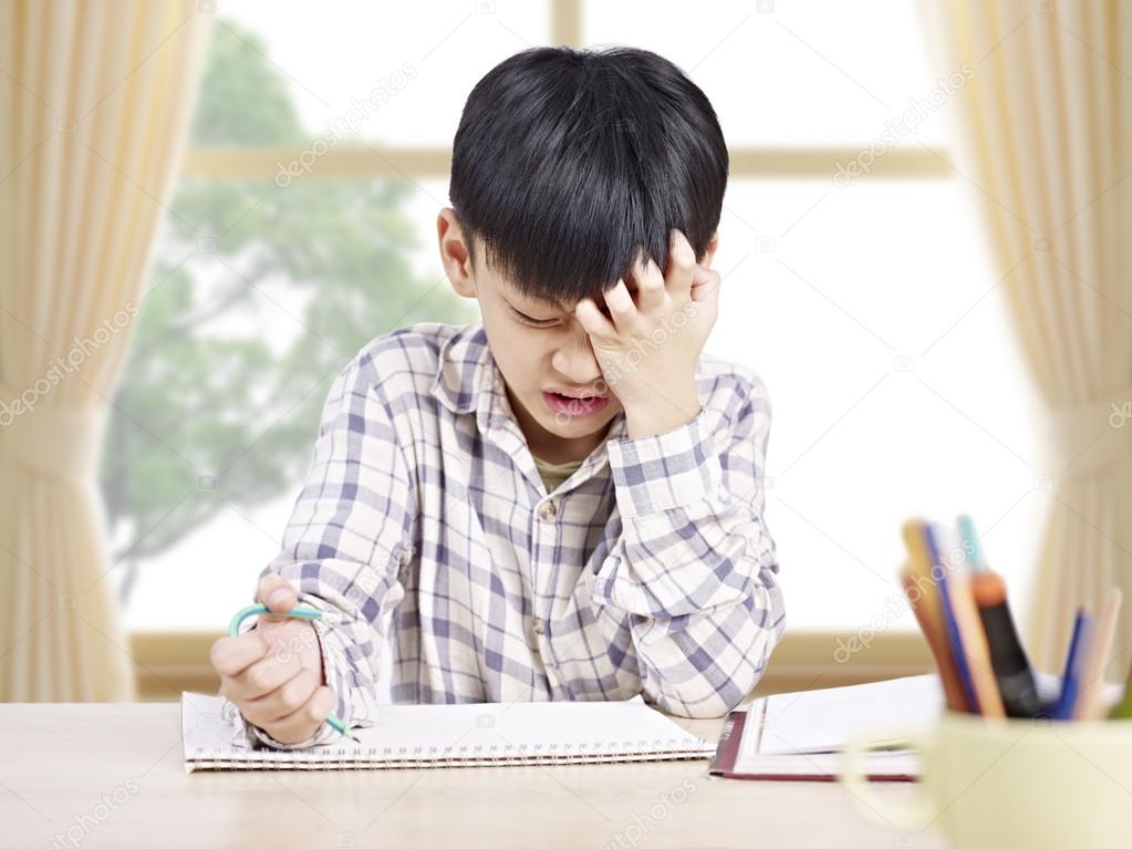 asian schoolboy studying at home