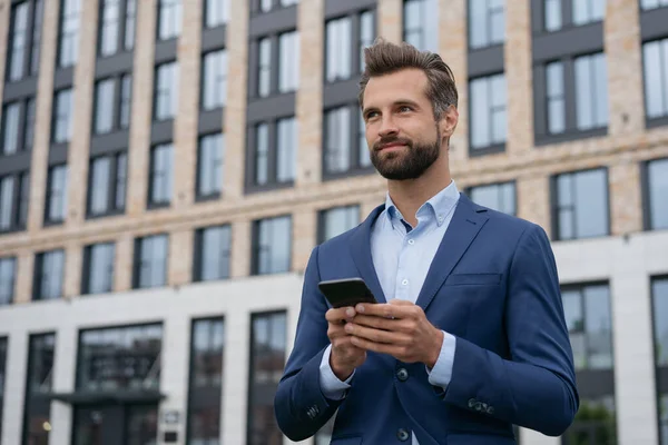 Portrait Handsome Businessman Holding Mobile Phone Communication Online Looking Away — Stock Photo, Image