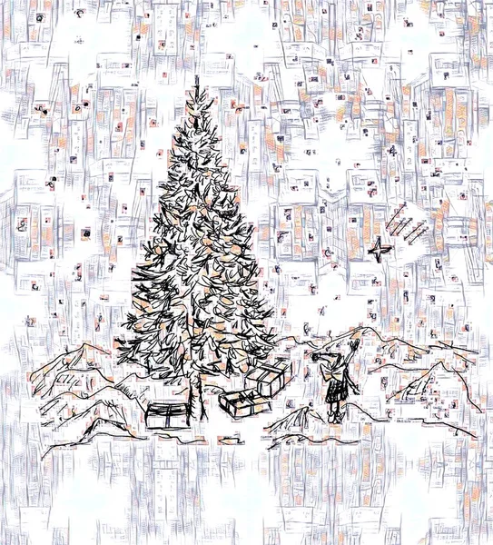 Albero Natale Con Coriandoli Neve — Foto Stock