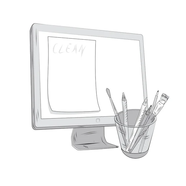 Monitor Mit Pinseln Und Bleistiften — Stockfoto