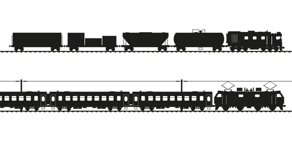 Tren Mercancías Tren Pasajeros Silueta Vector Negro Locomotora Diesel Locomotora — Archivo Imágenes Vectoriales