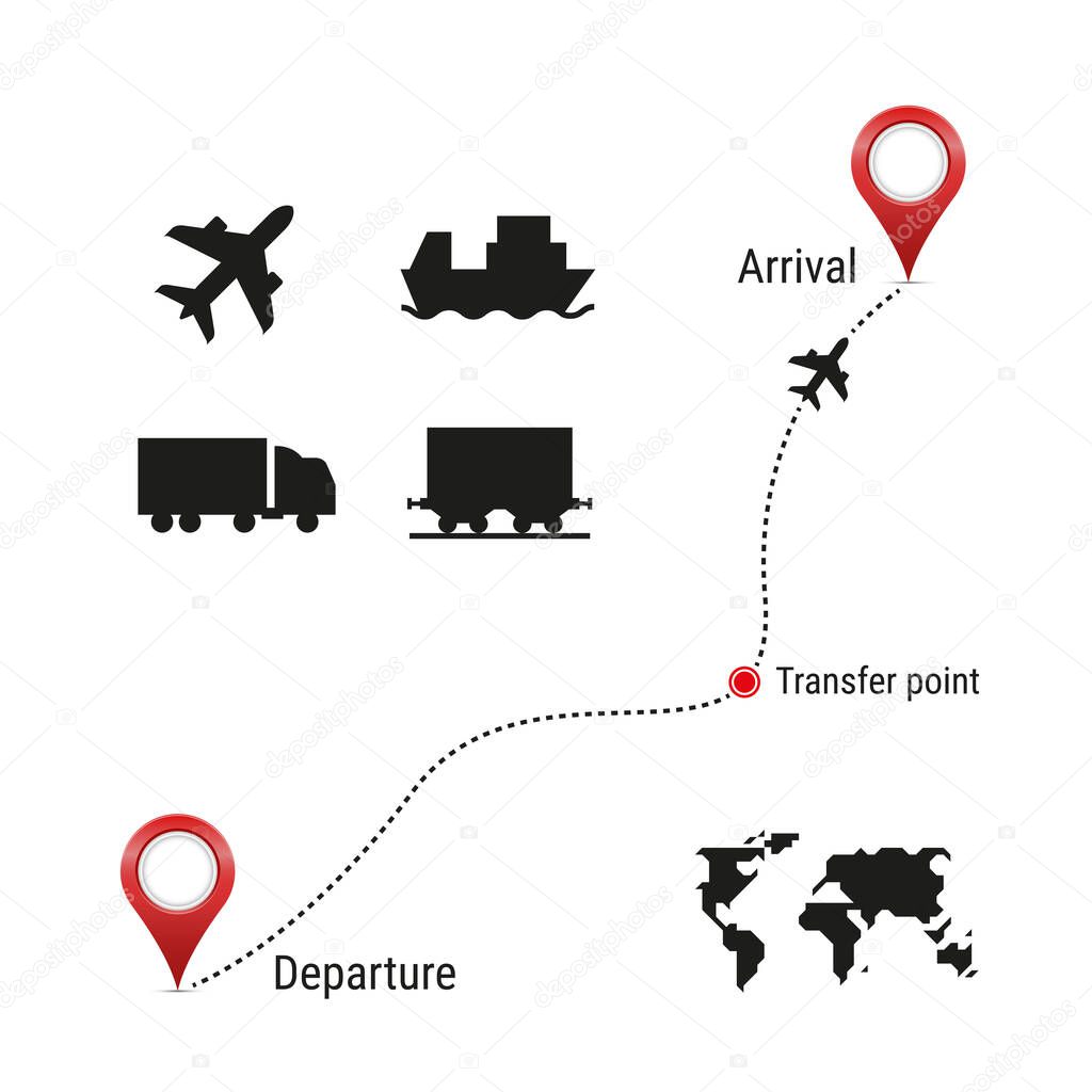 Cargo transportation icon set and route template. Simple world map. Airplane, container ship, wagon, railway car silhouette icons. Vector illustration.
