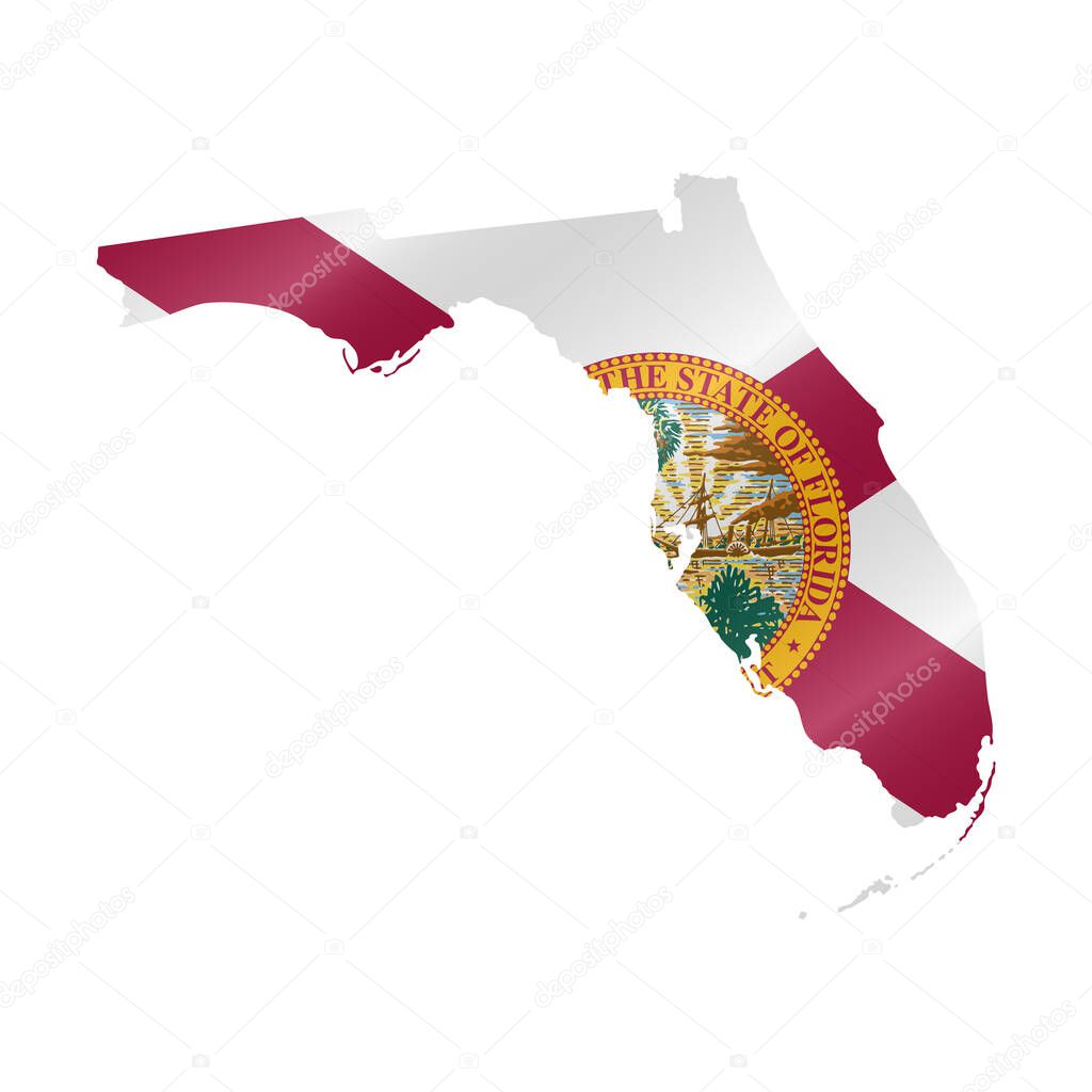 Detailed waving flag map of Florida. Vector map with masked flag.