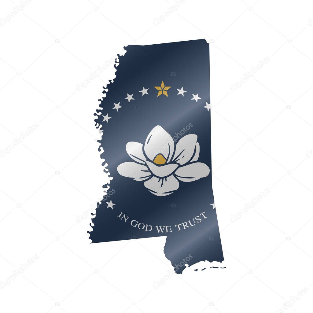 Detailed waving flag map of Mississippi. New magnolia flag. Vector map with masked flag.