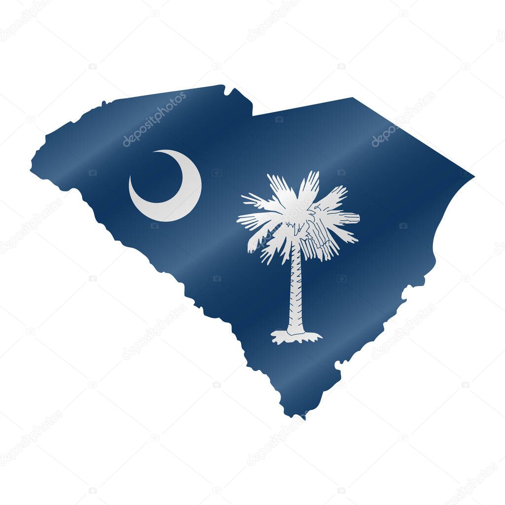 Detailed waving flag map of South Carolina. Vector map with masked flag.