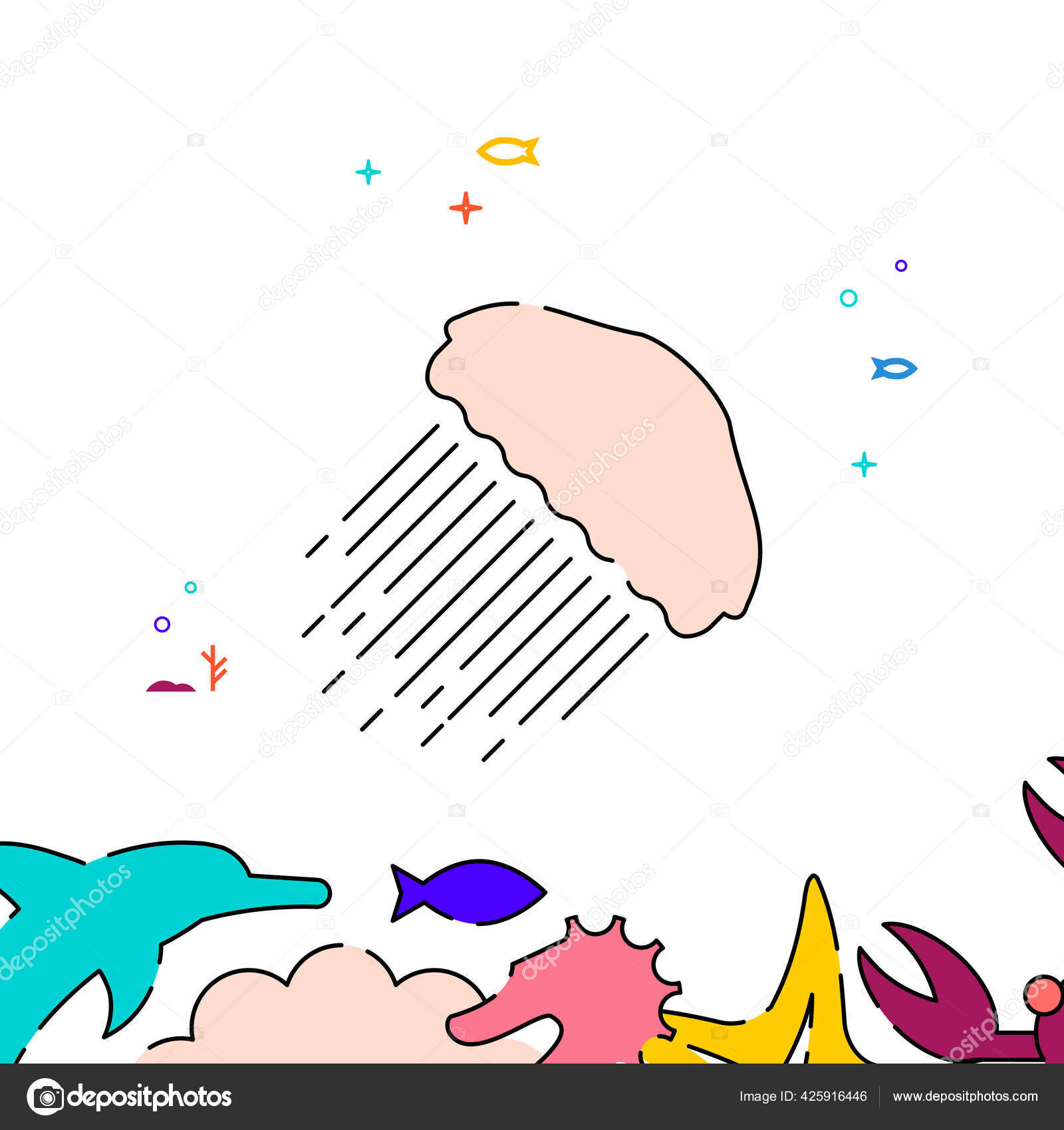 海クラゲのフルラインベクトルアイコン 単純なイラスト 海の世界 海洋生物に関連する境界線 ストックベクター C Ivanburchak