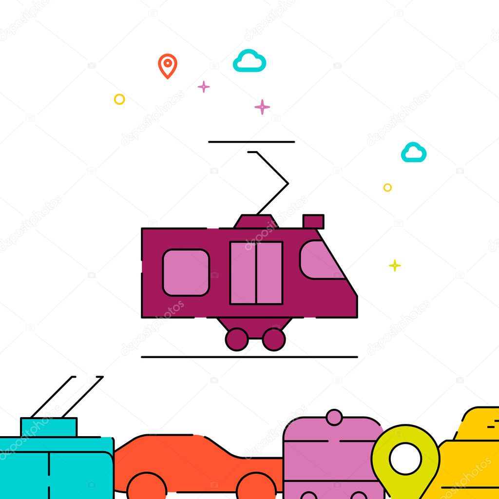 Suburban electric train filled line vector icon, simple illustration, city public transportation related bottom border.