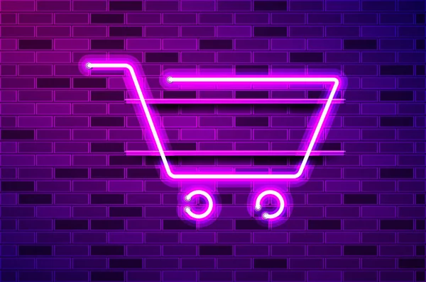 Supermarkt Einkaufswagen Leuchtet Neonlampenreklame Realistische Vektorillustration Lila Ziegelwand Violettes Leuchten — Stockvektor