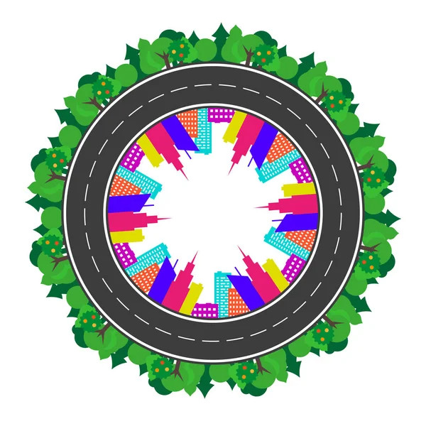 Большой Город Кольцевая Дорога Маленькая Планета Плоская Векторная Иллюстрация Изолированная — стоковый вектор