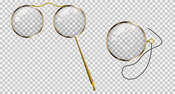 Monóculo de oro en un cordón, lorgnette de oro en el mango. Ilustración vectorial 3D — Vector de stock