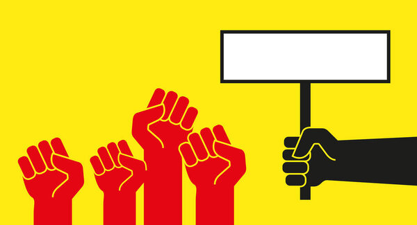 Красные руки протеста с поднятыми кулаками. Векторная иллюстрация