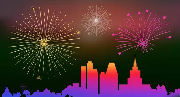 Big city silhouette and festive fireworks flat style vector illustration — Stock Vector