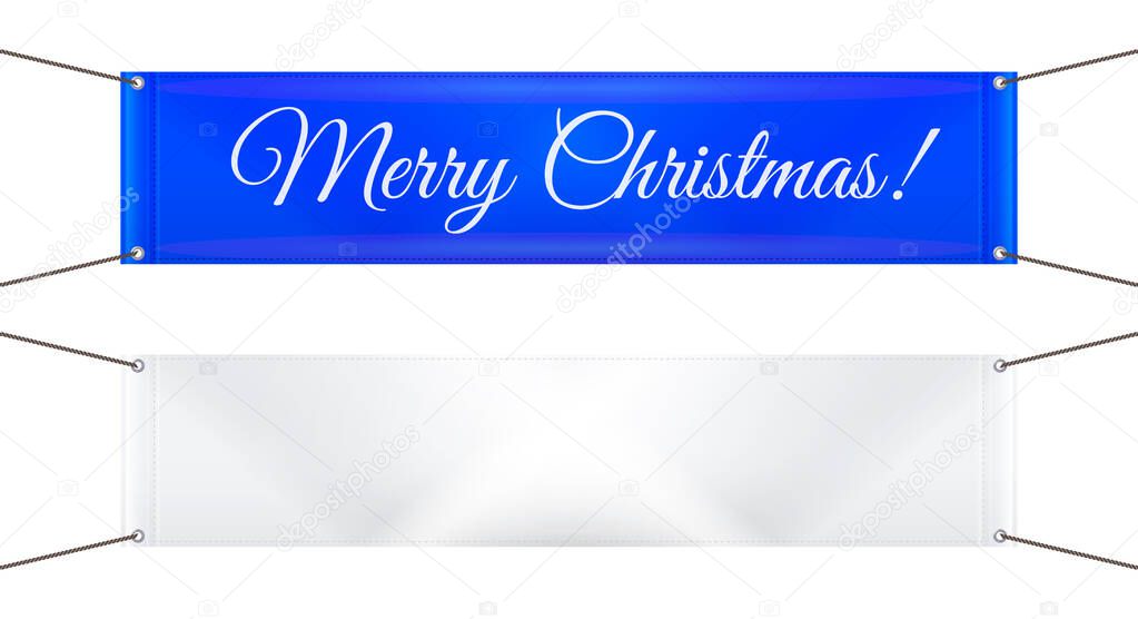 Merry Christmas blue vinyl banner on grommets and blank white banner 3d realistic vector illustration