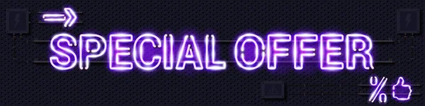 SPECIAL OFFER glowing purple neon lamp sign on a black electric wall — Stock Vector