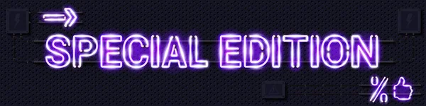 SPECIALE EDITIE gloeiende paarse neon lamp teken op een zwarte elektrische muur — Stockvector