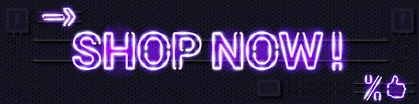 SHOP NU gloeiende paarse neon lamp teken op een zwarte elektrische muur — Stockvector