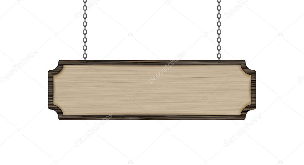 Hanging light brown wood sign. 3D vector illustration