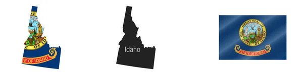 Mapa Del Estado Idaho Con Bandera Enmascarada Silueta Detallada Ondeando — Vector de stock