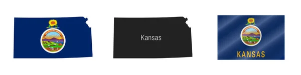 Kansas Bundesstaat Karte Mit Vermummter Flagge Detaillierte Silhouette Fahne Schwenkend — Stockvektor