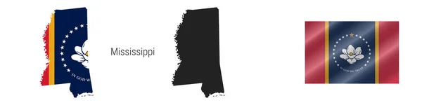 Mississippi Mapa Con Bandera Enmascarada Silueta Detallada Nueva Bandera Magnolia — Vector de stock