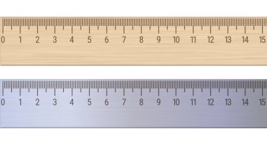 Wood and metal rulers. Measuring ruler 15 centimeters. 3D realistic vector illustration isolated on white background. clipart