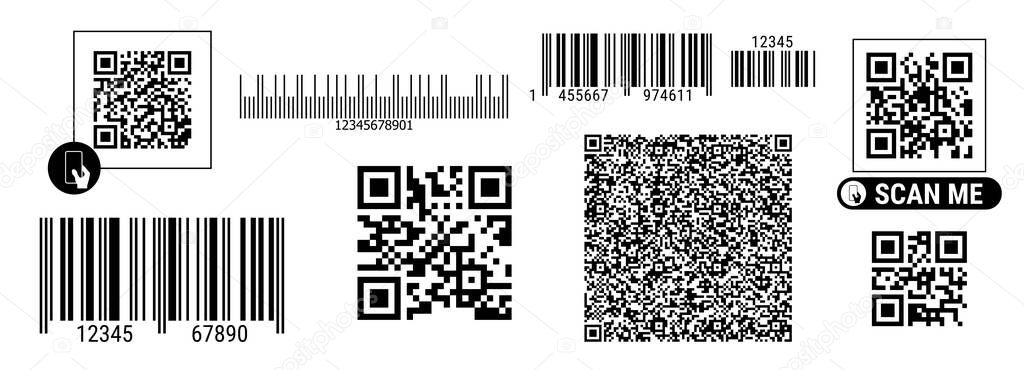 Barcode and QR code set. Product identity labels for scanning. Stripped identification retail marks. Flat style vector illustration isolated on white background.