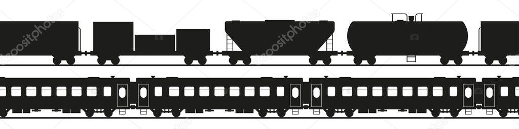 Seamless train silhouettes. Freight and passenger train. Flatcar, tank car and others. Flat style vector illustration isolated on white background.