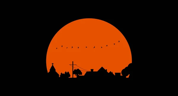 Autumn village. Black silhouette on the sunset background. Vector illustration — Stock Vector