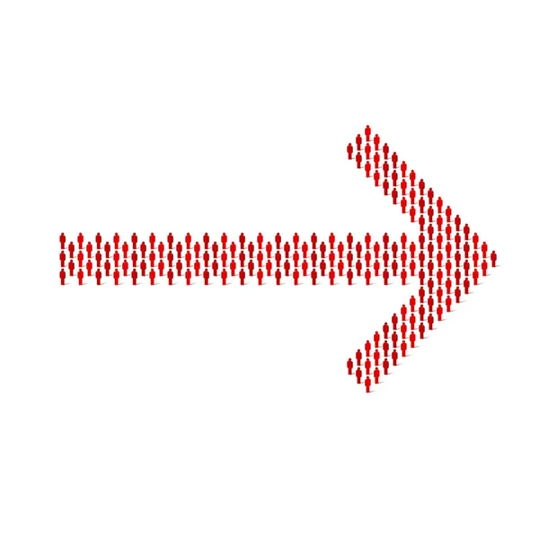 Menschliche Menschenmenge in Form eines rechten Pfeils. Strichmännchen rote einfache Symbole. Vektorillustration — Stockvektor