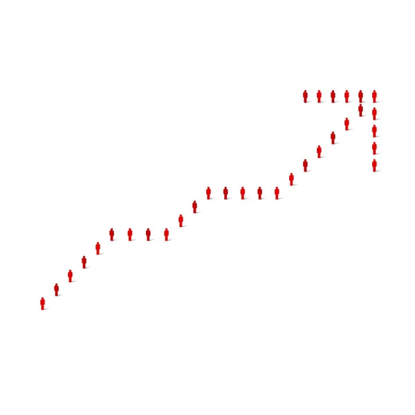 グラフの成長の形で人間の群衆は、矢印を上に。赤のシンプルなアイコンをスティック。ベクターイラスト — ストックベクタ